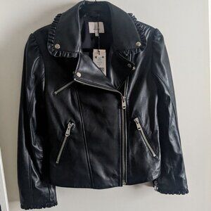 Cinq A Sept Eloise Moto Biker Leather Jacket Ruffled Trim SZ M
